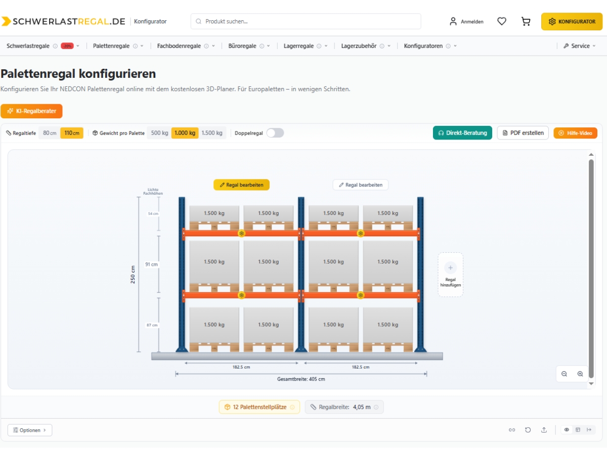NEDCON Palettenregal-Konfigurator – Regal in 2D und 3D online zusammenstellen