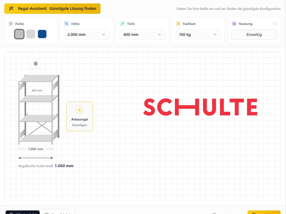 SCHULTE Fachbodenregal Konfigurator - 3D-Planung des Stecksystems MULTIplus mit Zubeh&ouml;r
